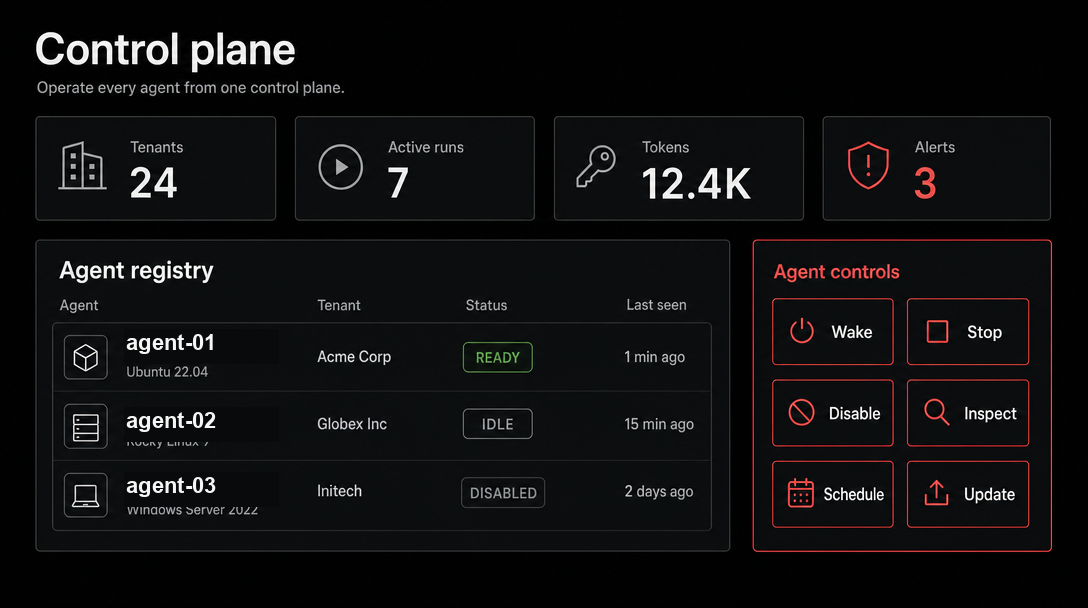 Product graphic showing an agent control plane with registry metrics and lifecycle controls.